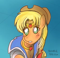 Size: 1560x1490 | Tagged: safe, artist:peichenphilip, imported from derpibooru, applejack, earth pony, pony, clothes, cosplay, costume, crossover, female, mare, sailor moon, sailor moon redraw meme, serena tsukino, solo, tsukino usagi