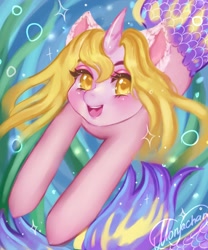 Size: 1800x2160 | Tagged: safe, artist:monyachan, imported from derpibooru, mermaid, pony, unicorn, bubble, cute, mermaid tail, mermay, sparkles, swimming, underwater