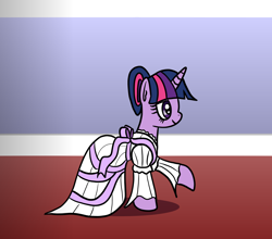 Size: 1600x1410 | Tagged: safe, artist:platinumdrop, imported from derpibooru, twilight sparkle, pony, unicorn, clothes, dress, dress up, female, formal, gown, long sleeves, ribbon, solo, unicorn twilight