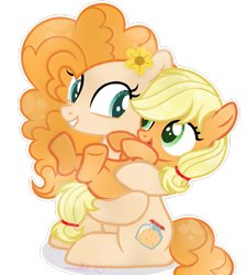 Size: 1280x1425 | Tagged: safe, artist:azulsnow, artist:bounswetie, artist:sleepy-rosie-sav, imported from derpibooru, applejack, pear butter, base used, cute, female, filly, filly applejack, holding, jackabetes, mother and child, mother and daughter, pearabetes, show accurate, simple background, smiling, transparent background, younger