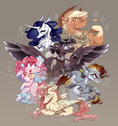 Size: 3285x3508 | Tagged: safe, artist:olivecow, imported from derpibooru, applejack, fluttershy, pinkie pie, rainbow dash, rarity, twilight sparkle, alicorn, earth pony, pegasus, pony, unicorn, adorkable, alternate design, applejacked, body fluff, bowtie, candy, cheek fluff, chest fluff, clothes, cloven hooves, colored hooves, colored wings, colored wingtips, cowboy hat, curved horn, cute, dork, ear fluff, ear piercing, earring, eyeshadow, female, flexing, floppy ears, flower, flower in hair, flower in tail, folded wings, food, freckles, glasses, gray background, grin, group shot, hair over one eye, hat, hay stalk, horn, jewelry, lidded eyes, lip ring, lollipop, long mane, long tail, lying down, makeup, mane six, mare, missing cutie mark, muscles, neckerchief, necklace, piercing, prone, redesign, scar, sharp teeth, shirt, simple background, sitting, smiling, smirk, speedpaint available, spread wings, straw in mouth, stray strand, sweater vest, teeth, twilight sparkle (alicorn), wings, wristband