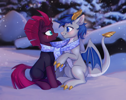 Size: 1732x1374 | Tagged: safe, artist:lightning-stars, artist:ls_skylight, imported from derpibooru, fizzlepop berrytwist, tempest shadow, oc, dragon, pony, unicorn, blushing, canon x oc, clothes, commission, dragon oc, female, male, oc dragon, pale belly, rcf community, scarf, shared clothing, shared scarf, shipping, snow, snowfall, straight, together, winter, ych result