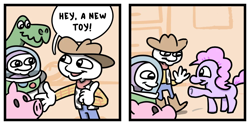 Size: 1000x500 | Tagged: safe, artist:stonetoss, edit, imported from derpibooru, pinkie pie, earth pony, pony, buzz lightyear, comic, female, good end, male, mare, stonetoss, toy, toy story, wholesome, woody