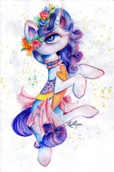 Size: 1024x1530 | Tagged: safe, artist:lailyren, imported from derpibooru, rarity, pony, unicorn, clothes, dress, female, floral head wreath, flower, mare, signature, solo, speedpaint available, traditional art