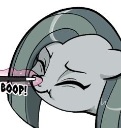 Size: 560x589 | Tagged: safe, artist:pencils, imported from derpibooru, marble pie, earth pony, pony, comic:marble mare manquee, boop, cute, eyes closed, female, implied trixie, levitation, magic, magic wand, marblebetes, mare, non-consensual booping, offscreen character, scrunchy face, simple background, solo, telekinesis, transparent background