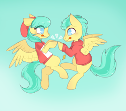 Size: 1600x1400 | Tagged: safe, artist:vert_glamis, imported from derpibooru, barley barrel, pickle barrel, pegasus, pony, rainbow roadtrip, brother and sister, clothes, colt, cute, duo, female, filly, flying, hat, male, no pupils, siblings, sky, spread wings, sweater, tongue out, wings