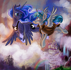 Size: 1333x1318 | Tagged: safe, artist:aerosaur83, imported from derpibooru, princess luna, stygian, alicorn, pony, fanfic:loving darkness, alicornified, blushing, canterlot castle, cloud, eye contact, female, flying, looking at each other, male, mare, pseudo-alicorn, race swap, rainbow, romantic, shipping, stallion, straight, stygicorn, styuna, waterfall, winged unicorn