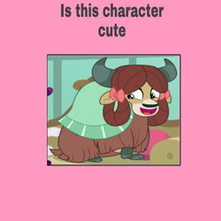 Size: 894x894 | Tagged: safe, edit, edited screencap, imported from derpibooru, screencap, yona, yak, bow, captain obvious, cloven hooves, cute, female, hair bow, is this character cute, meme, monkey swings, yonadorable