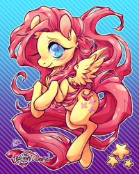 Size: 560x700 | Tagged: safe, artist:teriyakiweasel, imported from derpibooru, fluttershy, pegasus, pony, colored pupils, ear fluff, female, looking at you, mare, solo, stars