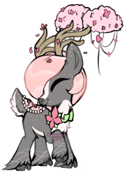 Size: 361x495 | Tagged: safe, artist:php110, imported from derpibooru, oc, oc only, deer, deer pony, original species, antlers, cloven hooves, commission, eyes closed, flower, flower in hair, raised hoof, saddle, simple background, smiling, solo, tack, transparent background, ych result