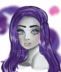 Size: 1280x1511 | Tagged: safe, artist:skadismoon, imported from derpibooru, rarity, human, bust, deviantart watermark, female, humanized, obtrusive watermark, pony background, pony coloring, portrait, signature, smiling, solo, watermark