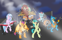 Size: 4096x2650 | Tagged: safe, artist:marblefang, imported from derpibooru, gallus, ocellus, sandbar, silverstream, smolder, yona, changeling, dragon, griffon, hippogriff, pony, yak, bass drum, bass guitar, bipedal, concert, cute, diaocelles, diastreamies, drum kit, drums, electric guitar, europe (band), gallabetes, guitar, keyboard, musical instrument, rock (music), sandabetes, smoke, smolderbetes, stage, student six, the final countdown, yonadorable