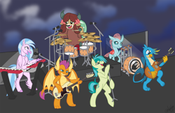 Size: 4096x2650 | Tagged: safe, alternate version, artist:marblefang, imported from derpibooru, gallus, ocellus, sandbar, silverstream, smolder, yona, changeling, dragon, griffon, hippogriff, pony, yak, bass drum, bass guitar, bipedal, concert, cute, diaocelles, diastreamies, drum kit, drums, electric guitar, europe (band), gallabetes, guitar, keyboard, musical instrument, rock (music), sandabetes, smoke, smolderbetes, stage, student six, the final countdown, yonadorable