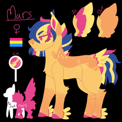 Size: 1000x1000 | Tagged: safe, artist:lepiswerid, imported from derpibooru, oc, oc only, oc:mars (lepiswerid), bat pony, pegasus, pony, black background, colored hooves, colored wings, cutie mark, fangs, feathered fetlocks, female, height difference, lineless, marsverse, offspring, pansexual, pansexual pride flag, parent:flash sentry, parent:twilight sparkle, parents:flashlight, pride, pride flag, reference, reference sheet, simple background, solo, sparkles, story included, tail feathers, uninterested, winged hooves, wings