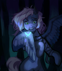 Size: 1920x2211 | Tagged: safe, artist:kokorodokidoki, imported from derpibooru, oc, oc only, oc:vesperal breeze, insect, moth, pegasus, pony, bandage, commission, dream, fear, female, forest, glow, glowing, mare, ych result