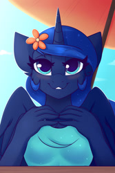 Size: 1000x1500 | Tagged: safe, alternate version, artist:shadowreindeer, imported from derpibooru, princess luna, alicorn, anthro, beach, blushing, clothes, cute, female, flower, flower in hair, looking at you, mare, solo, umbrella