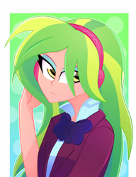 Size: 2280x2976 | Tagged: safe, artist:xan-gelx, imported from derpibooru, lemon zest, equestria girls, friendship games, clothes, crystal prep academy uniform, female, headphones, high res, looking at you, necktie, school uniform, solo, unamused