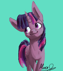 Size: 2102x2362 | Tagged: safe, artist:aliceg, artist:gorgoalice, deleted from derpibooru, imported from derpibooru, twilight sparkle, pony, unicorn, female, high res, looking sideways, mare, signature, simple background, smiling, solo, teal background, unicorn twilight