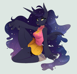Size: 2251x2163 | Tagged: safe, artist:1an1, imported from derpibooru, princess luna, alicorn, anthro, unguligrade anthro, anatomically incorrect, armpits, breasts, clothes, dress, ethereal mane, female, high res, incorrect leg anatomy, mare, simple background, sitting, solo, starry mane, tongue out, white background