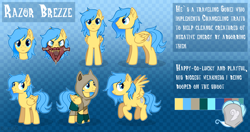 Size: 4100x2160 | Tagged: safe, artist:keyrijgg, imported from derpibooru, oc, oc only, oc:razor breeze, pegasus, pony, art, auction, blue background, character, clothes, commission, female, male, many many pony, mare, meme, reference, reference sheet, simple background, stallion