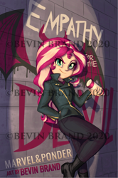 Size: 1838x2775 | Tagged: safe, artist:bevin brand, imported from derpibooru, sunset shimmer, fanfic:empathy for the devil, equestria girls, boots, clothes, demon wings, fanfic, fanfic art, fanfic cover, female, graffiti, jacket, obtrusive watermark, official fan art, pants, shirt, shoes, smiling, solo, spray can, spray paint, sunset satan, text, watermark, wings