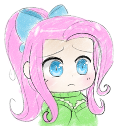 Size: 771x809 | Tagged: safe, artist:pegacornss, imported from derpibooru, fluttershy, human, alternate hairstyle, bow, bust, clothes, cute, female, hair bow, humanized, ponytail, shyabetes, simple background, solo, sweater, sweatershy, white background