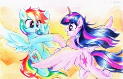 Size: 3520x2284 | Tagged: safe, artist:liaaqila, imported from derpibooru, rainbow dash, twilight sparkle, alicorn, pegasus, pony, female, flying, hoofbump, lesbian, mare, shipping, traditional art, twidash, twilight sparkle (alicorn), watercolor painting