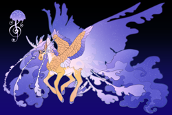 Size: 4928x3300 | Tagged: safe, artist:turnipberry, imported from derpibooru, oc, oc only, oc:siren song, alicorn, pony, alicorn oc, chest feathers, colored hooves, curved horn, ear fins, ethereal mane, ethereal wings, female, gradient background, horn, magical lesbian spawn, mare, offspring, parent:fluttershy, parent:princess luna, parents:lunashy, solo, wings