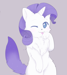 Size: 1280x1438 | Tagged: safe, artist:pegacornss, imported from derpibooru, rarity, cat, cat pony, original species, unicorn, ;p, bipedal, catified, chest fluff, cute, female, fluffy, licking, no pupils, one eye closed, paw licking, purple background, raribetes, raricat, simple background, solo, species swap, tongue out, wink