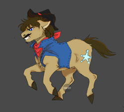 Size: 1200x1087 | Tagged: safe, artist:rahartist, imported from derpibooru, sheriff silverstar, earth pony, pony, bandana, black background, chest fluff, colored hooves, cowboy hat, hat, leg fluff, male, nudity, profile, sheath, simple background, solo, stallion