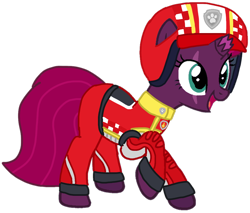 Size: 1056x901 | Tagged: safe, artist:徐詩珮, imported from derpibooru, fizzlepop berrytwist, tempest shadow, pony, unicorn, series:sprglitemplight diary, series:sprglitemplight life jacket days, series:springshadowdrops diary, series:springshadowdrops life jacket days, alternate universe, base used, broken horn, clothes, cute, eye scar, female, helmet, horn, mare, marshall (paw patrol), open mouth, paw patrol, paw prints, raised hoof, really race rescue, scar, simple background, smiling, solo, transparent background