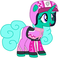 Size: 1012x1005 | Tagged: safe, artist:徐詩珮, imported from derpibooru, glitter drops, pony, unicorn, series:sprglitemplight diary, series:sprglitemplight life jacket days, series:springshadowdrops diary, series:springshadowdrops life jacket days, alternate universe, base used, clothes, cute, eyelashes, female, helmet, mare, open mouth, paw patrol, paw prints, really race rescue, simple background, skye (paw patrol), smiling, solo, transparent background