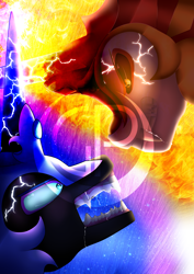 Size: 2480x3508 | Tagged: safe, artist:gipumar, artist:mazeness, imported from derpibooru, daybreaker, nightmare moon, alicorn, pony, a royal problem, blue eyes, blue mane, crossed horns, crossing horns, digital art, duel, duo, duo female, ethereal mane, evil grin, evil sisters, fangs, female, fight, fire, flowing mane, gem, glowing, glowing horn, grin, helmet, horn, looking at each other, looking at someone, magic, mane of fire, mare, open mouth, orange eyes, scowl, sharp teeth, siblings, sisters, smiling, starry mane, teeth, watermark