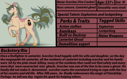 Size: 3209x2000 | Tagged: safe, artist:shirofluff, imported from derpibooru, oc, oc only, oc:scorcher, ghoul, pony, undead, unicorn, fallout equestria, bio, canterlot ghoul, foe, male, raised hoof, reference sheet, scar, shadow, solo, stallion