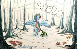 Size: 1280x810 | Tagged: safe, artist:sparkleforever, imported from derpibooru, rainbow dash, tank, pony, tortoise, hoofprints, inktober, inktober 2019, leaves, pet, snow, text, tree