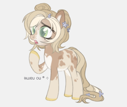 Size: 1006x846 | Tagged: safe, artist:maddown, imported from derpibooru, oc, oc only, unnamed oc, earth pony, pony, colored hooves, female, flower, flower in hair, gasp, gray background, hair bun, open mouth, raised hoof, simple background, solo