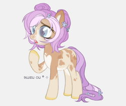 Size: 503x423 | Tagged: safe, alternate version, artist:maddown, imported from derpibooru, oc, oc only, unnamed oc, earth pony, pony, colored hooves, female, flower, flower in hair, gasp, gray background, hair bun, open mouth, raised hoof, simple background, solo