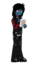 Size: 1440x2560 | Tagged: safe, artist:iamsheila, imported from derpibooru, equestria girls, belt, boots, bring me the horizon, canvas, clothes, commission, drop dead clothing, equestria girls-ified, holding, hoodie, jeans, lip piercing, looking down, male, oliver sykes, paint, paint stains, paintbrush, painting, pants, piercing, ripped jeans, seatbelt belt, shoes, simple background, solo, tattoo, transparent background