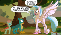 Size: 1347x787 | Tagged: safe, artist:cosmonaut, imported from derpibooru, gallus, ocellus, silverstream, changedling, changeling, griffon, hippogriff, /mlp/, cute, diaocelles, diastreamies, fangs, gallabetes, growth spurt, size difference