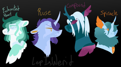 Size: 1800x1000 | Tagged: safe, artist:lepiswerid, imported from derpibooru, oc, oc only, oc:compound, oc:enchanted pearl, oc:ruse, oc:spiracle, changedling, changeling, changepony, hybrid, pegasus, pony, unicorn, angry, black background, fluffy, half-siblings, interspecies offspring, magical lesbian spawn, marsverse, multiple species, offspring, parent:hoo'far, parent:maud pie, parent:pharynx, parent:trixie, parents:mauxie, parents:phartrix, parents:trixfar, simple background, sparkles, tired, twins