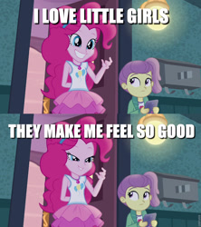 Size: 853x960 | Tagged: safe, edit, edited screencap, imported from derpibooru, screencap, lily pad (equestria girls), pinkie pie, equestria girls, equestria girls series, pinkie sitting, caption, clothes, creepy, creepy pie, creepy smile, geode of sugar bombs, image macro, implied pedophilia, lily pad (g4), magical geodes, oingo boingo, smiling, song reference, tanktop, text, this will end in pain