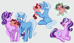 Size: 1024x600 | Tagged: safe, artist:tamak0, imported from derpibooru, starlight glimmer, trixie, oc, oc:skull bow, pegasus, bow, family, female, filly, gray background, hair bow, lesbian, levitation, magic, magical lesbian spawn, offspring, parent:starlight glimmer, parent:trixie, parents:startrix, shipping, simple background, startrix, telekinesis