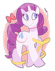 Size: 1280x1659 | Tagged: safe, artist:realalfred, imported from derpibooru, rarity, pony, unicorn, bow, cute, female, magic, mare, measuring tape, needle, no pupils, raribetes, simple background, smiling, solo, telekinesis, thread, transparent background