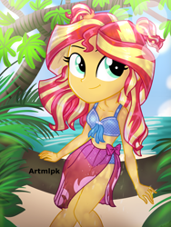 Size: 1536x2048 | Tagged: safe, artist:artmlpk, imported from derpibooru, sunset shimmer, equestria girls, adorable face, adorkable, alternate hairstyle, beach, beautiful, bikini, clothes, cute, digital art, dork, female, front knot midriff, island, looking at you, looking up, midriff, ocean, pigtails, plant, sarong, shimmerbetes, sitting, smiling, smiling at you, solo, swimsuit, tree, tree branch, vacation