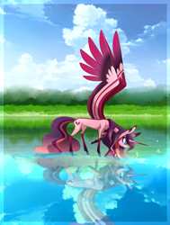 Size: 2263x3000 | Tagged: safe, artist:sugaryicecreammlp, imported from derpibooru, oc, oc only, oc:liberty, alicorn, pony, female, mare, reflection, solo, water