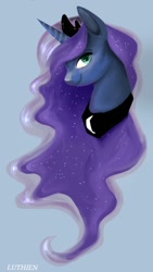 Size: 720x1280 | Tagged: safe, artist:sofilut, imported from derpibooru, princess luna, pony, blue background, bust, female, mare, portrait, simple background, solo