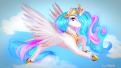 Size: 1280x720 | Tagged: safe, artist:sofilut, imported from derpibooru, princess celestia, alicorn, pony, cloud, female, flying, looking at you, mare, sky, solo, spread wings, wings