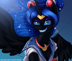 Size: 700x594 | Tagged: safe, artist:pyropk, imported from derpibooru, nightmare moon, alicorn, pony, unicorn, canines, challenge, clothes, cosplay, costume, fangs, female, mare, sailor moon, sailor moon redraw meme, sailor uniform, serena tsukino, sharp teeth, smiling, solo, teeth, tsukino usagi, uniform, wings