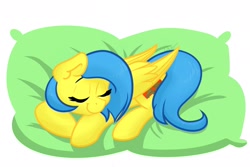Size: 1800x1200 | Tagged: safe, artist:cadetredshirt, imported from derpibooru, oc, oc only, oc:soft whisper, pegasus, pony, commission, digital art, ear fluff, eyes closed, happy, pillow, sleeping, smiling, solo, wings, ych result