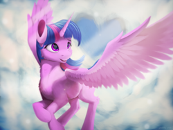 Size: 2000x1500 | Tagged: safe, artist:itssim, imported from derpibooru, twilight sparkle, alicorn, pony, chest fluff, cloud, female, flying, heart, leg fluff, mare, smiling, solo, spread wings, twilight sparkle (alicorn), wings
